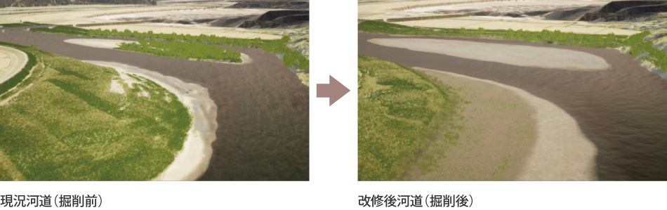 ゲームエンジンを用いた景観検討として、現況河道と改修後河道の景観比較