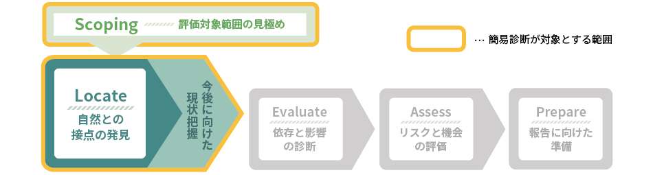 TNFD簡易診断レポートとLEAPアプローチ対応範囲のイメージ