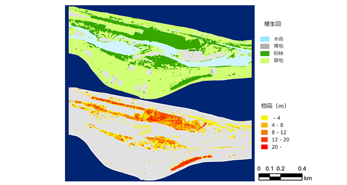 植生リモートセンシングによる自然の構成（上）と樹高（下）を把握