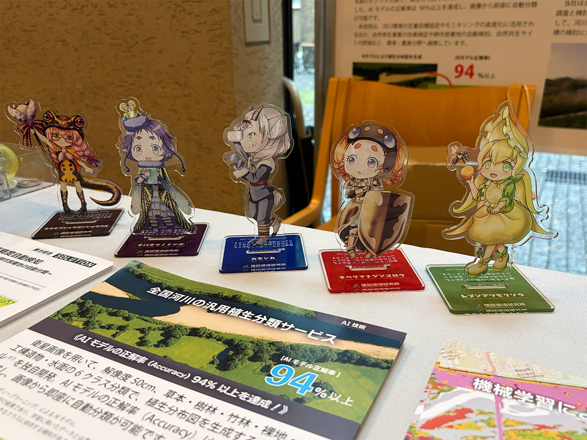 生物擬人化キャラクターのノベルティ配布の様子（缶バッジ、アクリルスタンド）